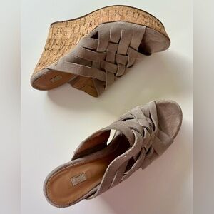 UGG Taupe Suede Woven Cork Wedge Sandals